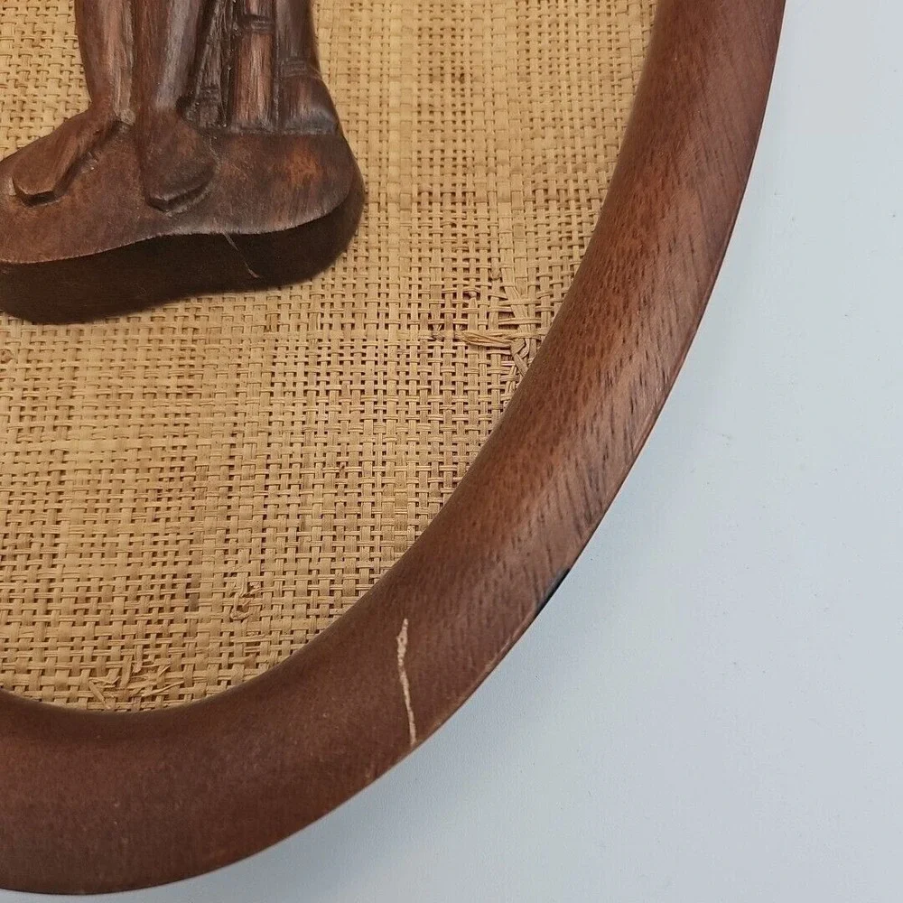Vintage Hand-Carved Teak Wood Wall Art Oval‎ Shaped Woven Backgrounds MCM